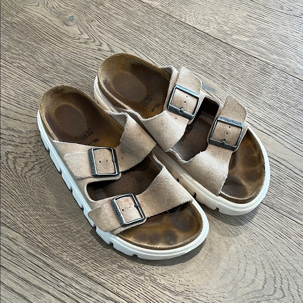 Papillio Beige Suede Double-Buckle Platform Sandals 37